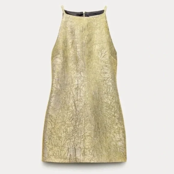 Zara Collection Shiny Gold Halter-style Mini Dress Medium - Picture 2 of 10